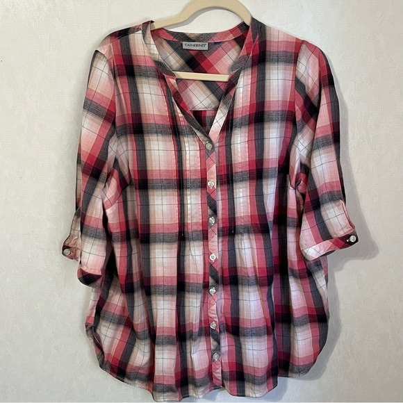 Catherines Button Up Pink Black Plaid Collar Blouse Top 3/4 Sleeves Plus Size - Picture 1 of 4